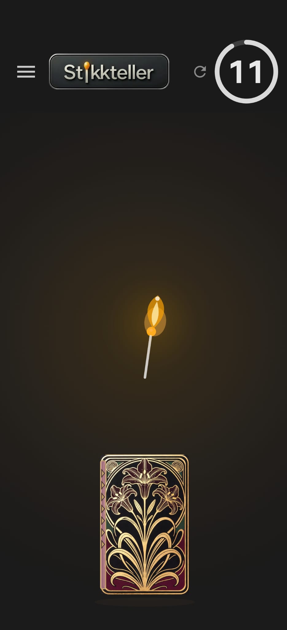Stikkteller main screen with a lit match above the matchbox and remaining count