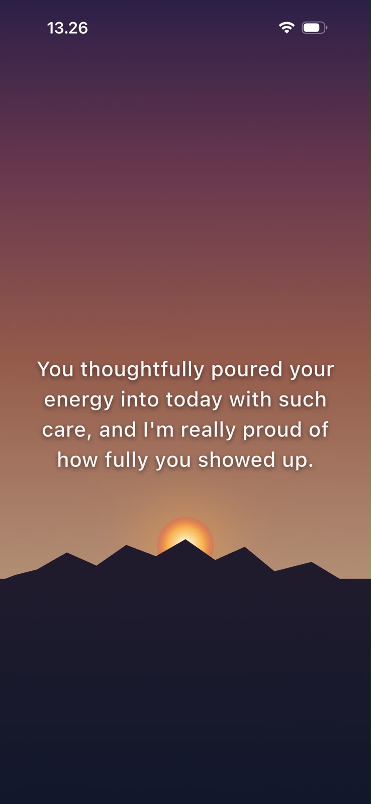 Stikkteller end-of-day screen with a supportive message over a sunset landscape