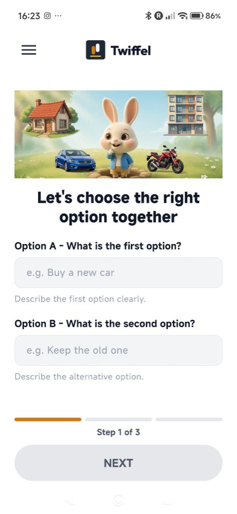 Twiffel step 1, empty option A and option B fields under a rabbit illustration