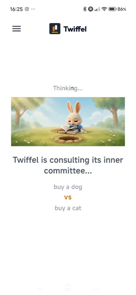Twiffel thinking screen while it analyzes two options